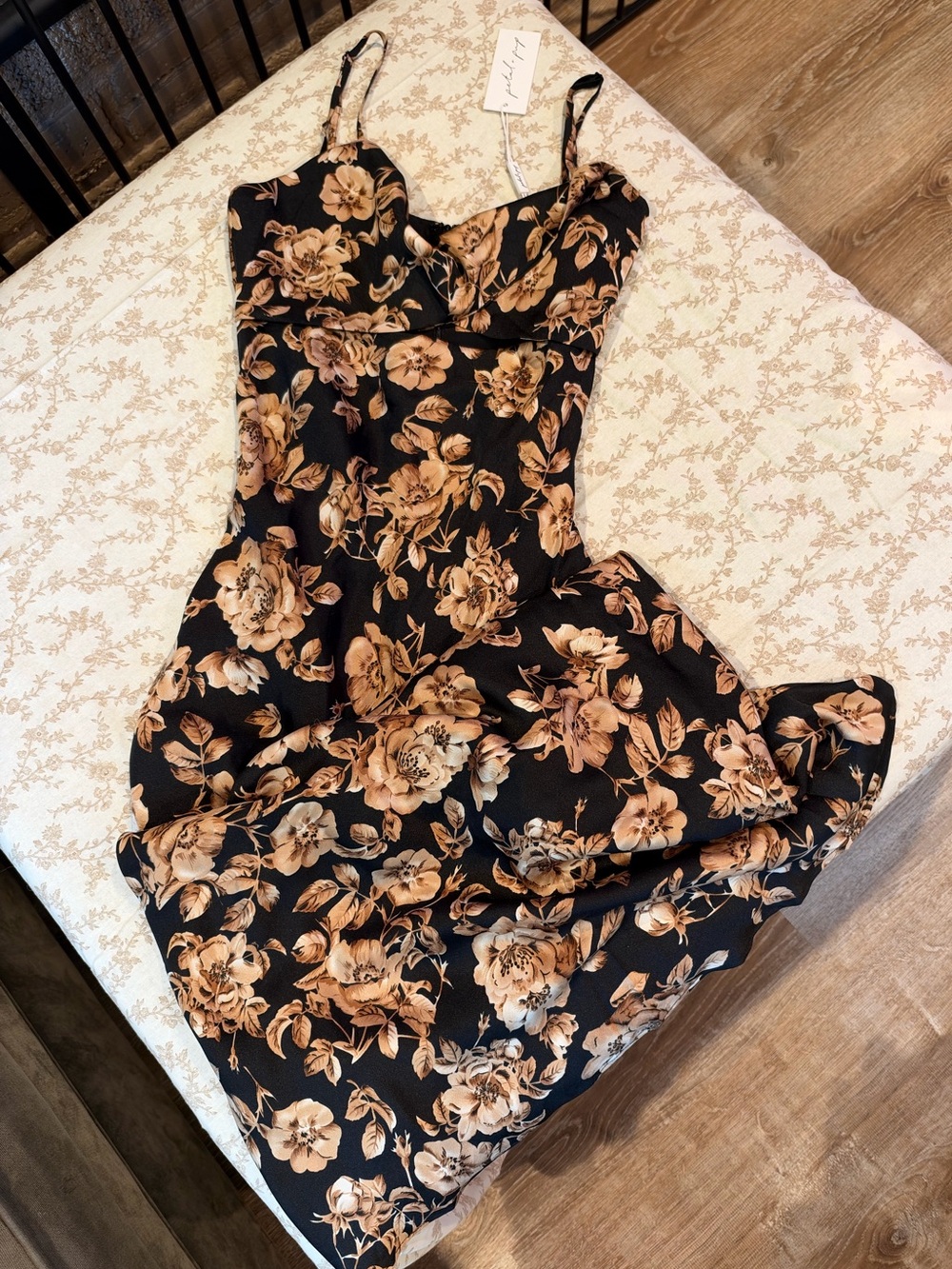Petal & Pup Black Midi Dress with Tan Floral Print